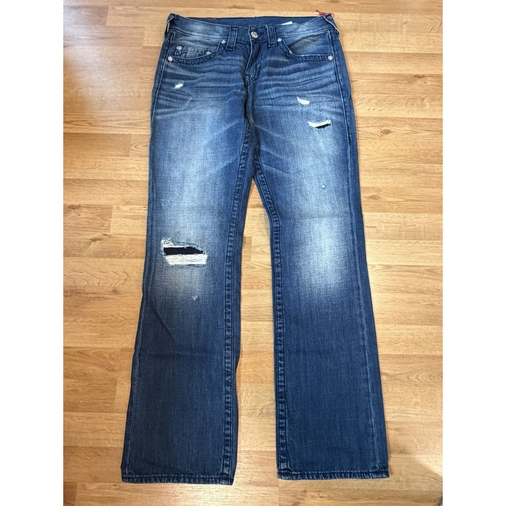 True Religion Mens Ricky Straight Leg Distressed Ripped Blue Denim Jeans